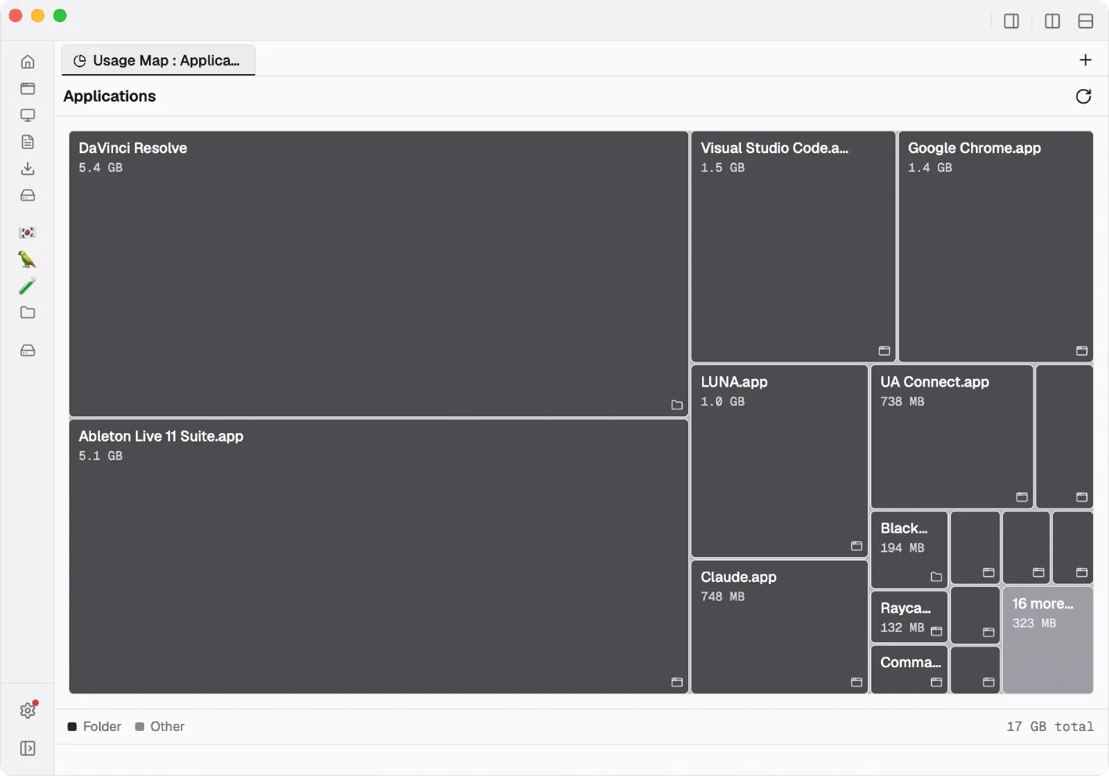 Flies Usage Map: a treemap of the Applications folder, sized by disk usage