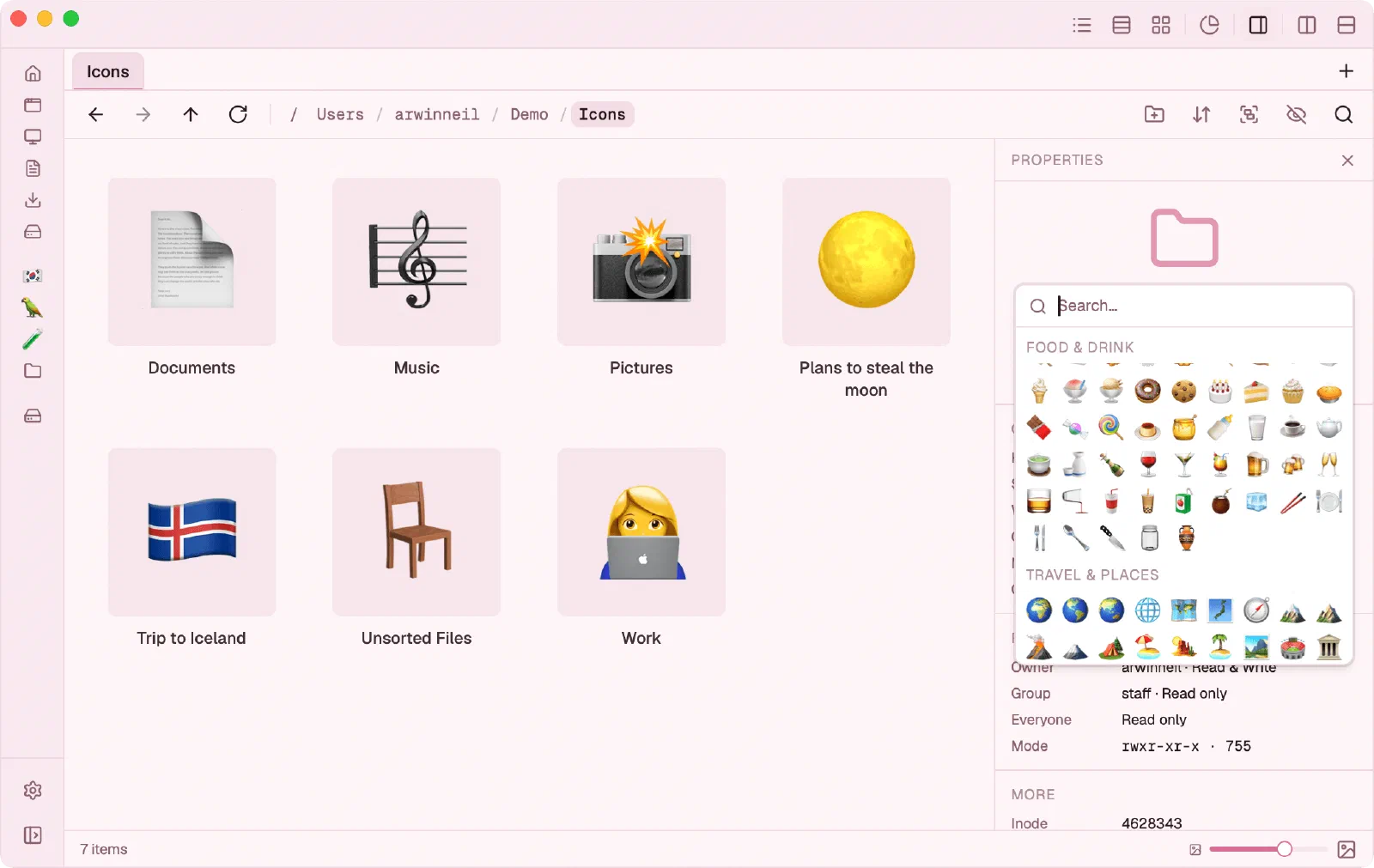 Flies in the Rose theme, showing folders with custom emoji icons and the emoji picker open